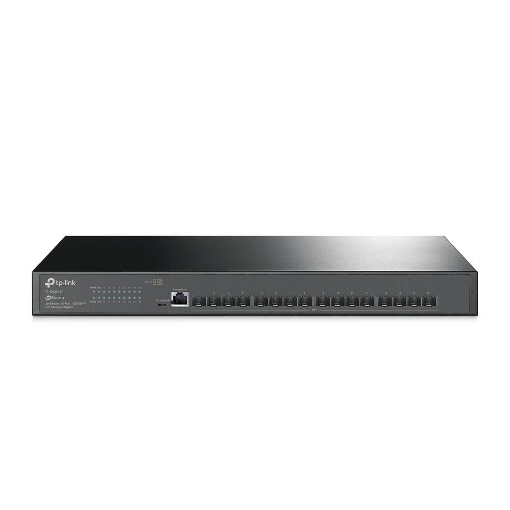 JetStream™ управляемый коммутатор уровня 2+ на 16 портов SFP+ 10GE
ПОРТЫ: 16 слотов SFP+ 10G, консольный порт RJ45/Micro-USB
ХАРАКТЕРИСТИКИ: стальной корпус высотой 1U с возможностью монтажа в 19-дюймовую стойку
ОСОБЕННОСТИ: интеграция с контроллером Omad