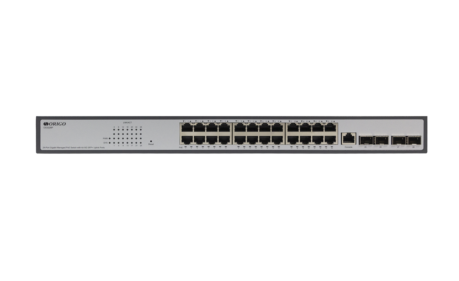 Управляемый L3 PoE-коммутатор 24x1000Base-T PoE+, 4x10G SFP+