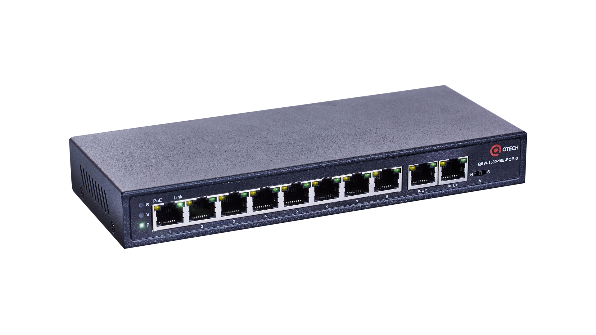 Неуправляемый коммутатор уровня L2 с поддержкой PoE 802.3af/at, 2 порта 10/100BASE-T, 8 портов 10/100BASE-T PoE, 1K MAC адресов, внешний БП, 52В DC, размеры ШхГхВ (210x85x27 мм)