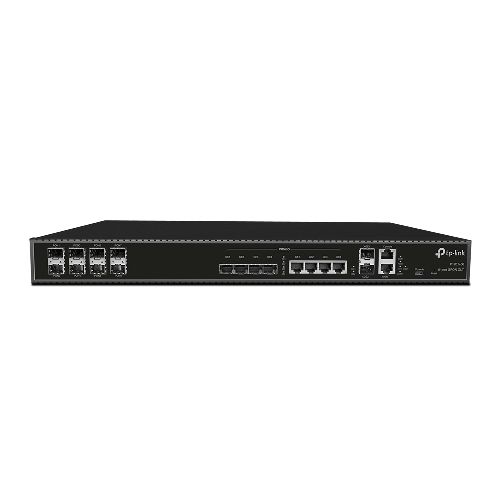 8-портовый оптический линейный терминал GPON OLT, чипсет Broadcom, 8 SFP-портов GPON, 4  GE комбо uplink-порта, 2 10G SFP+ uplink-порта, 1 консольный порт RJ45, 1 порт управления FE, 1 консольный порт USB Type-C, 2 модуля питания переменного тока, версия