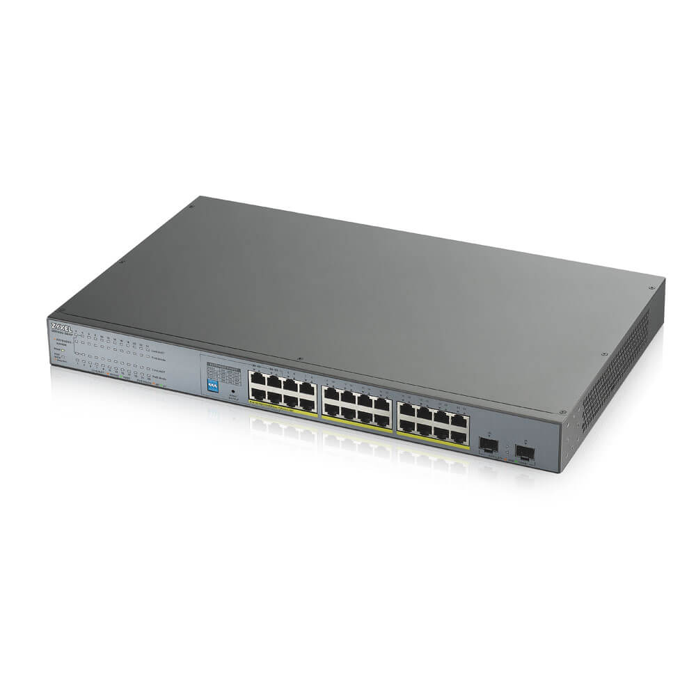 Коммутатор PoE+ для IP-видеокамер Zyxel GS1300-26HP, rack 19", 24xGE PoE+, 2xSFP, бюджет PoE 250 Вт, дальность передачи питания до 250 м, повышенная защита от перенапряжений и электростатических разрядов