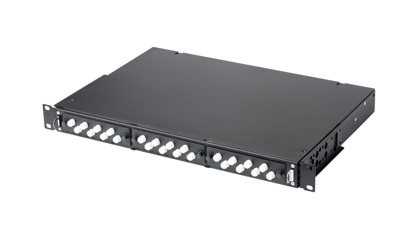 Кросс КТП, выдвижной, полный комплект, FC/APC, SM 9/125 OS2, 24 порта, 1U, цвет черный