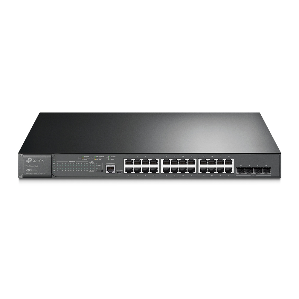 JetStream™ 28‑портовый гигабитный управляемый коммутатор уровня 2+ с 24 портами PoE+
ПОРТЫ: 24 гигабитных порта PoE+, 4 гигабитных SFP+ слота, консольный порт RJ45/Micro-USB
ХАРАКТЕРИСТИКИ: 802.3at/af, бюджет PoE: 384 Вт, стальной корпус высотой 1U, монти