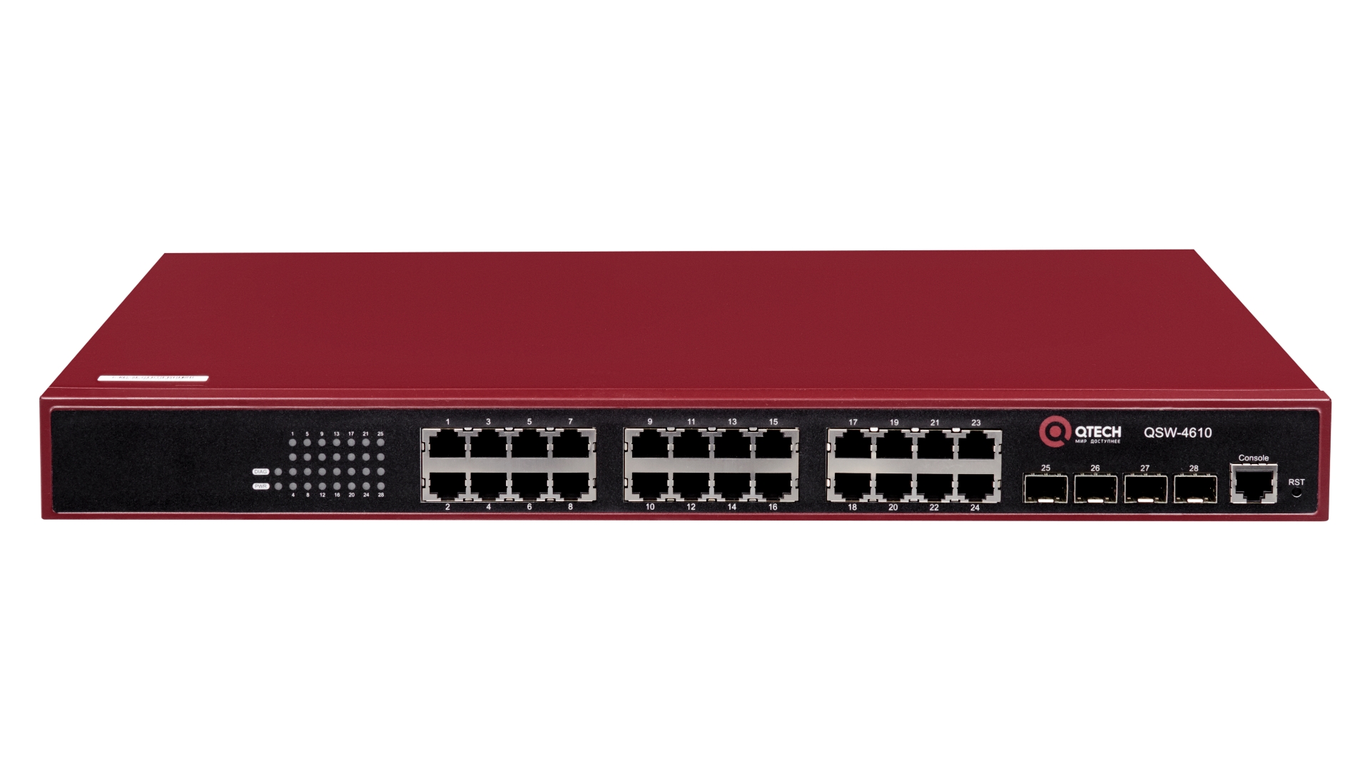 Управляемый коммутатор уровня L2+ с поддержкой PoE 802.3af/at, 24 порта 10/100/1000BASE-T PoE, 4 порта 100/1000BASE-X SFP, 4K VLAN, 8K MAC адресов, консольный порт, встроенный БП разъем питания на задней панели, 100-240В AC, размеры ШхГхВ (440x280x44 мм)
