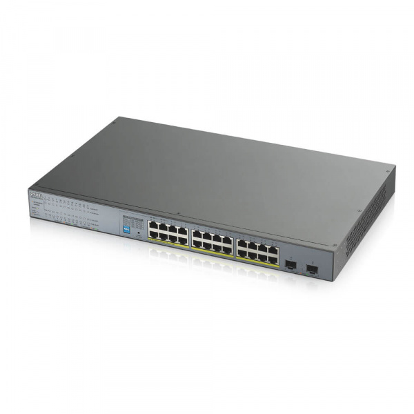 Коммутатор PoE+ для IP-видеокамер Zyxel GS1300-26HP, rack 19", 24xGE PoE+, 2xSFP, бюджет PoE 250 Вт, дальность передачи питания до 250 м, повышенная защита от перенапряжений и электростатических разрядов