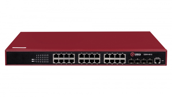 Управляемый коммутатор уровня L2+ с поддержкой PoE 802.3af/at, 24 порта 10/100/1000BASE-T PoE, 4 порта 100/1000BASE-X SFP, 4K VLAN, 8K MAC адресов, консольный порт, встроенный БП разъем питания на задней панели, 100-240В AC, размеры ШхГхВ (440x280x44 мм)